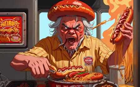 angry spaghetti dealer (aggressively worfing down hot dogs straight off the hhot dog roller inside the 7/11)+