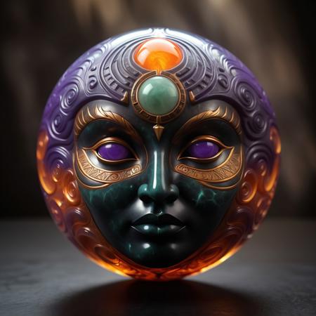 lazypos, A mystical orb floats above a neutral gray surface, its form reminiscent of a traditional Mayan mask. The orb's surface is a harmonious blend of polished obsidian and vibrant jade, intricately carved to depict stylized facial features—arched brows, pronounced cheekbones, and a serene expression. Deep within, a fiery golden fissure radiates outward, resembling a vertical bolt of contained lightning, illuminating the translucent layers with veins of glowing orange and yellow. Iridescent violet tendrils spiral around the fissure, forming patterns akin to ancient Mayan glyphs, symbolizing arcane energy. The orb's glassy surface reflects ambient light with high gloss and clarity, enhancing its otherworldly presence. The background remains minimal and dark, ensuring the orb remains the primary focal point. The style is fantasy digital art, with high detail, soft lighting, and a semi-realistic rendering approach. magical artifact, fantasy orb, glowing crystal, enchanted sphere, mystical core, high detail, digital painting, arcane energy, ethereal glow, soft reflections, fantasy object design, semi-realistic style.