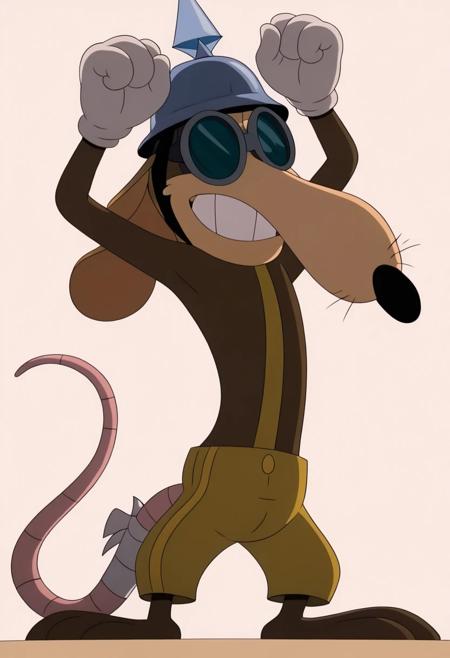 Werner Werman mouse steampunk  anthropomorphic mouse brown fur whiskers  helmet sharp teeth rat tail  pointy nose