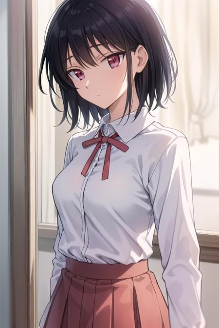 yakumotsukamoto, <lora:yakumo tsukamoto s2-lora-nochekaiser:1>,
yakumo tsukamoto, short hair, black hair, (red eyes:1.3),
BREAK skirt, shirt, long sleeves, bow, ribbon, school uniform, white shirt, pleated skirt, collared shirt, bowtie, red ribbon, neck ribbon, red skirt,
BREAK indoors, classroom,
BREAK looking at viewer, (cowboy shot:1.5),
BREAK <lyco:GoodHands-beta2:1>, (masterpiece:1.2), best quality, high resolution, unity 8k wallpaper, (illustration:0.8), (beautiful detailed eyes:1.6), extremely detailed face, perfect lighting, extremely detailed CG, (perfect hands, perfect anatomy),