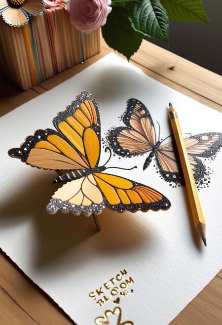 Hovering gently in a blossom’s heart, a butterfly entirely formed from tiny, glossy pencil shavings sips from a warm puddle of ink nestled inside a flower. Its wings are delicate layers of curled graphite sketches on tracing paper, semi-transparent, edged with jagged strokes of golden wood grain and fluttering in the sunlight like animated illustrations. Each leg ends in a drop of shimmering pencil lead dust, and its antennae curl like whimsical eraser smudges. Twisting ribbons of coiled shavings wrap around the bloom, while nearby leaves glisten with droplets of watercolor and pastel pigment. A small wooden sign hangs above the flower, engraved with: “Sketch & Bloom – Pollinate Your Imagination.”
