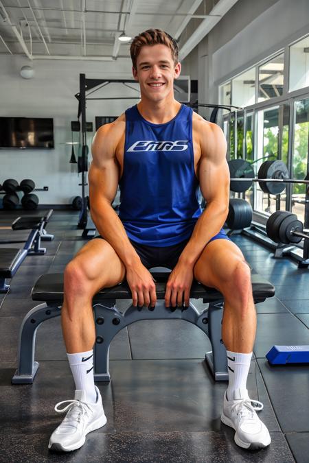 college gym weight room, smiling, BradHunter is a  sexytrainer, tank top, shorts, white socks, sneakers, sitting on a weight bench, ((full body portrait)), wide angle  <lora:BradHunter:0.8>  <lora:Clothing - Sexy Personal Trainer:0.7>