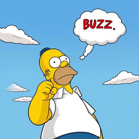 Homer Simpson, simpsons, comic style, clenched fist, looking up, cloud, blue sky, text in cloud „BUZZ“
