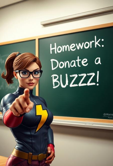 photo of a classroom, a chalkboard is clearly visible next to a marvel superhero with bolt-icon on her chest, wearing glasses, looking and pointing at the viewer. 
The text on the chalkboard says: "Homework: Donate a BUZZ!".