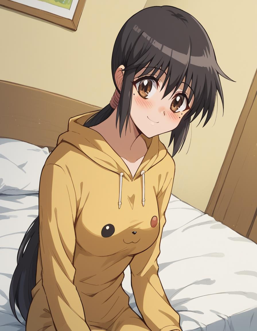 score_9, score_8_up, score_7_up, source_anime, <lora:fumio-usui-s1-ponyxl-lora-nochekaiser:1>, fumio usui, long hair, black hair, brown eyes, ponytail, mole, mole under eye, medium breasts,, <lora:pikachu-cosplay-ponyxl-lora-nochekaiser:1>, pikachucosplay, pikachu (pikachu), character print, hood, hoodie, yellow hoodie,, bed, bed room, smile, blush, wariza, sitting, , dutch angle, cowboy shot