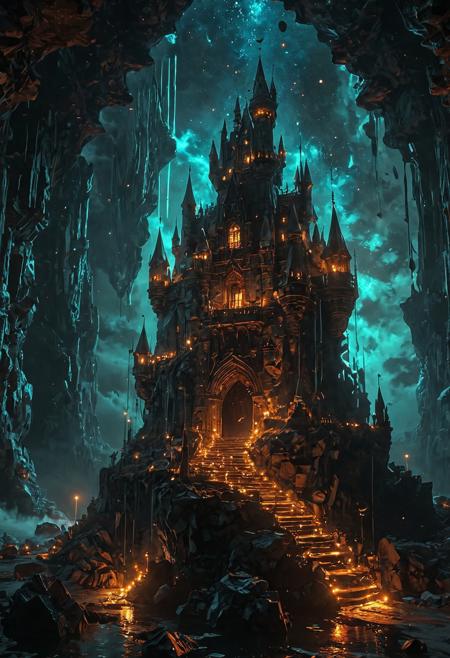 Gothic castle floating in space, shattered stone bridges connecting to asteroid fragments, spiral galaxy in the background, candlelights flickering in zero gravity, cinematic volumetric light, dark fantasy, 8k detailed, [by Moebius and Beksinski]  
 <lora:Eldritch_horror_concept_LoRA:1> 1uxfer0,  <lora:FluxDFaeTasticDetails:1>,  <lora:glowneon_xl_v1:1> glowneon, glowing, sparks, lightning