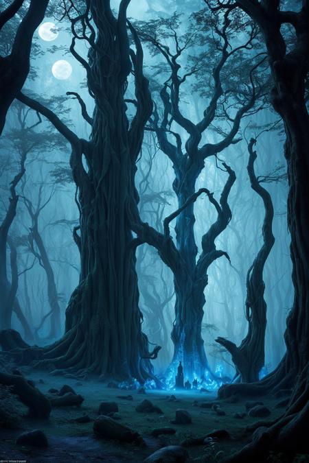 dark enchanted forest, ancient twisted trees, glowing blue fog, scattered ruins with mysterious glowing runes, abandoned elven statues, moonlight piercing through the canopy, fantasy RPG setting, high detail, cinematic wide shot, fantasy concept a