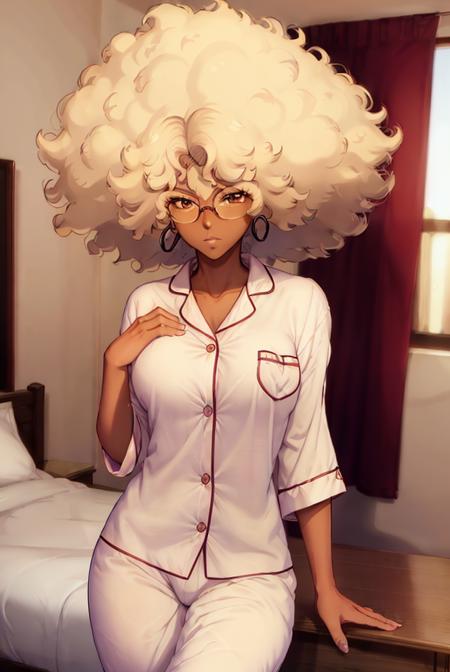 (masterpiece),(best quality),
<lora:FefaAIArt_AtsukoJackson_v1:0.8>,
1girl,(afro:1.2),afro, atsuko jackson,gray eye,(pajamas:1.2),blonde hair, dark-skinned female, dark skin, glasses, michiko to hacchin,latina,
(house,indoors,bedroom,sunlight),