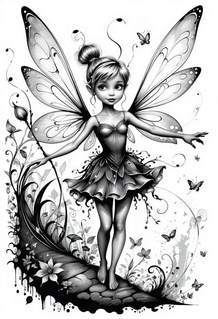 Tinkerbell, in the style of illustrative pen and ink, eerie whimsy, youthful protagonists, sensitive characterization