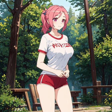 masterpiece, best quality, ultra detailed,  1girl,   <lora:megumi:0.8>, 1megumi, large breasts, (forest:1.2), t-shirt,