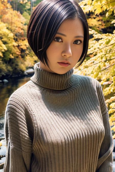 1girl,(wearing turtleneck sweater:1.2),(RAW photo, best quality), (realistic, photo-realistic:1.4), masterpiece, an extremely delicate and beautiful, extremely detailed, 2k wallpaper, Amazing, finely detail, extremely detailed CG unity 8k wallpaper, ultra-detailed, highres, soft light, beautiful detailed girl, extremely detailed eyes and face, beautiful detailed nose, beautiful detailed eyes,cinematic lighting,(autumn scenery:1.3),(by a small rocky river),(morning light),perfect anatomy,<lora:ramu_lora:0.8>,(short hair),big breasts