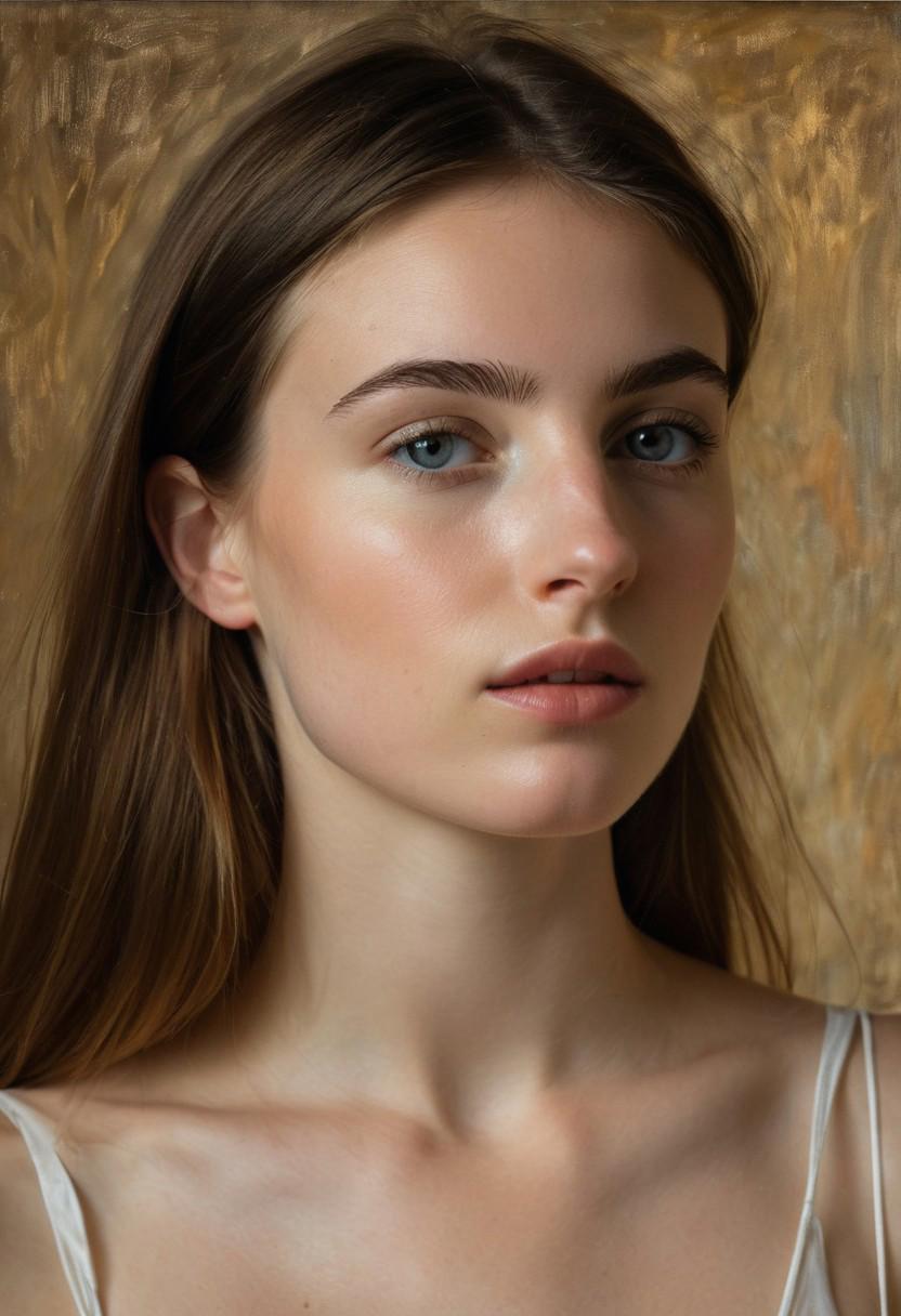 Closeup portrait of a stunningly beautiful French woman named Natalia, with porcelain skin and delicate features. She is 23 years old, standing at 4'11ft and weighing 120lbs. The photo captures her natural beauty in a soft and elegant way, reminiscent of the works of John Singer Sargent or Edgar Degas. The lighting is diffuse and highlights her flawless complexion, while also giving a sense of mystery to her expression. This highly detailed photograph has the look of an oil painting, with intricate brushstrokes that bring out every detail in Natalia's face.