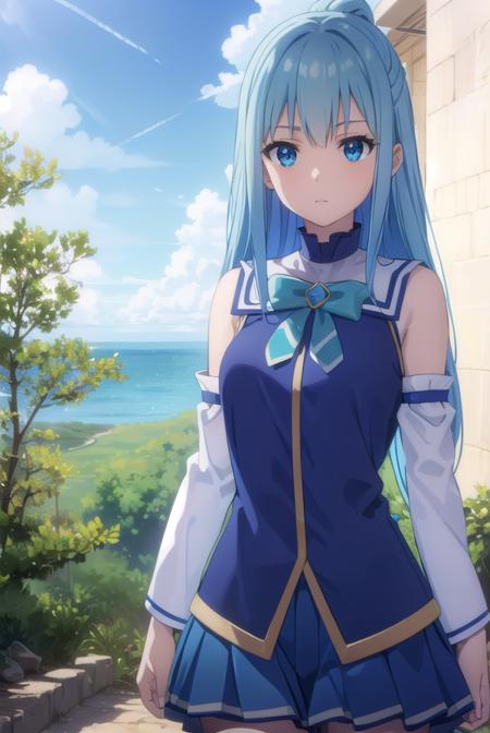 konosubaaqua, <lora:konosuba aqua movie-lora-nochekaiser:1>, 
aqua, long hair, blue eyes, hair ornament, very long hair, blue hair, hair rings, single hair ring, hair bobbles,
BREAK skirt, shirt, thighhighs, bare shoulders, detached sleeves, white thighhighs, blue skirt, blue shirt, green bow,
BREAK outdoor, forest, nature, trees, village, sky, sun, clouds,
BREAK looking at viewer, (cowboy shot:1.5),
BREAK <lyco:GoodHands-beta2:1>, (masterpiece:1.2), best quality, high resolution, unity 8k wallpaper, (illustration:0.8), (beautiful detailed eyes:1.6), extremely detailed face, perfect lighting, extremely detailed CG, (perfect hands, perfect anatomy),