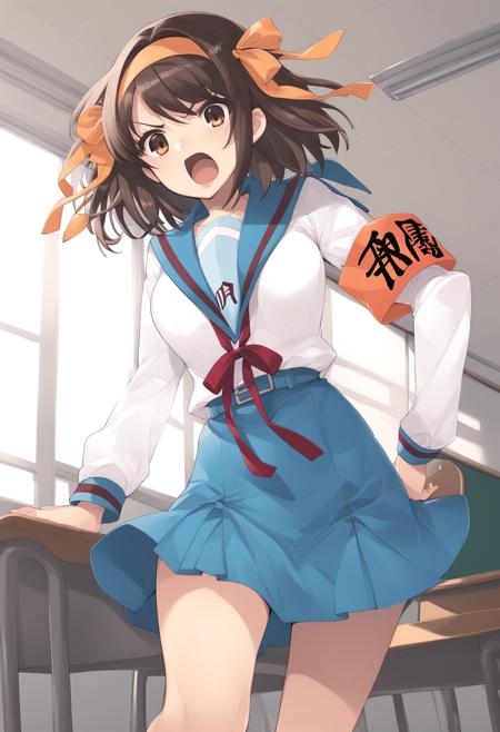 haruhisuzumiya, brown eyes, brown hair, medium hair, hair ribbon, hairband, kita high school uniform, serafuku, sailor collar, white shirt, short sleeves, skirt,