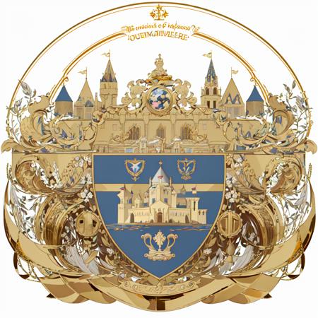 <lora:Armorial-37:1> Blazon,
(white_background:1.3), (simple_background:1.3),  (flat_color:1.3), no_humans, symmetry, 
coat_of_arms, 
no_humans, transparent_background, key, english_text, solo,   gold, 
shield, castle,border, scroll,, (masterpiece:1.3), (best_quality:1.3), (ultra_detailed:1.3), 8k, extremely_clear,