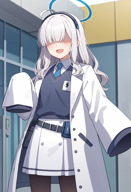 millennium-mob-b, hair over eyes,blue eyes,white hair,long hair,ahoge,halo,headband,white coat,sleeves past fingers,sweater vest, necktie, white skirt, black pantyhose,black footwear