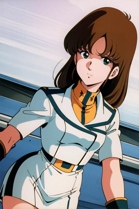 Hayase Misa, retro artstyle, 1980s \(style\), 1girl, brown hair, solo, long hair, green eyes, uniform, military uniform, military,official style,Skirt,