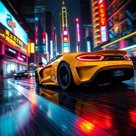 A cinematic close view shot of the exotic sport car speeding down a neon-lit street at night, reflecting the bright, colorful lights from surrounding skyscrapers, with rain-slicked roads creating a mirror effect of the car’s sleek yelow body. The glowing cyberpunk city skyline in the background enhances the futuristic vibe of this intense race scene.