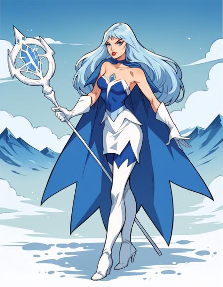 hud_frosta_shera, 1girl, solo, long blue hair, blue eyes, tight blue and white short dress, strapless, bare shoulders, blue choker, cape, blue chest jewel, blue pantyhose, white thigh boots, white gloves,  magic, lipstick, retro artstyle staff