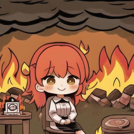 (thisisfine), 1girl, surrounded by fire, fire, cute expression, light smile