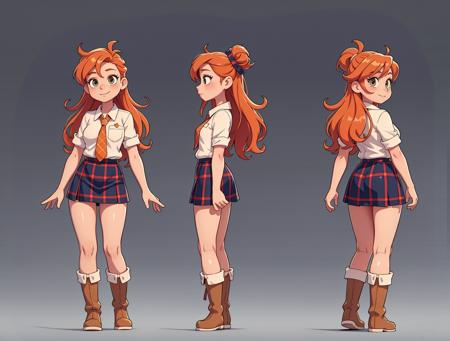 Rear view, front view, multi-viewï¼European and American cartoon, original character design, hand drawing, 1girl, solo, long hair, skirt, boots, orange hair, plaid <lora:Two views:0.6>