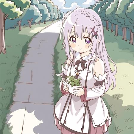 1girl, bangs, bare_shoulders, blue_sky, blunt_bangs,braid, breasts, bush, closed_mouth, cloud, cloudy_sky, crown_braid, day,detached_sleeves, emilia_\(re:zero\), eyebrows_visible_through_hair, flower, forest, garden, gem, grass, hair_flower, hair_ornament, hair_ribbon, house, long_hair, looking_at_viewer, nature, outdoors, park, path, pointy_ears, purple_eyes, purple_ribbon, ribbon, road, silver_hair, sky, smile, solo, tree, white_flower, x_hair_ornament ,<lora:namoriv4-000006:1>