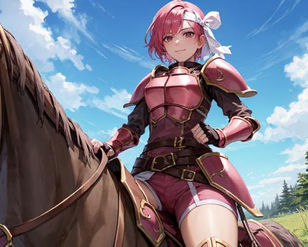 from below,light smile,<lora:cecilV3:0.85>,cecil,,(horse,riding a horse,saddle,reins:1),armor, dark pink hair,white headband,armored boots, shoulder armor,looking at viewer,fingerless gloves, pauldrons, gauntlets, breastplate,knee boots, greaves,pink shorts,thighs, faulds,on grass, outdoors,(masterpiece, best quality, ultra-detailed, best shadow)