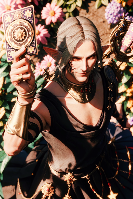 Urianger, looking at viewer, smile, holding, jewelry, closed mouth, flower, sleeveless, blurry, blurry background, from above, ring, card, holding card<lora:Urianger:1>