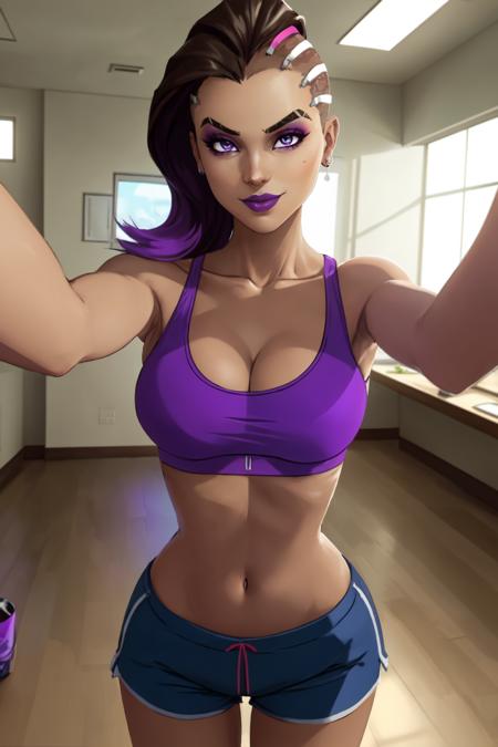 mature woman, sombra_(overwatch), (anime screencap),
(1girl:0.5), solo, widowmaker_(overwatch), long hair, breasts, looking at viewer, smile, multiple girls, large breasts, navel, 2girls, cleavage, blue hair, standing, purple eyes, collarbone, yellow eyes, ponytail, purple hair, multicolored hair, shorts, midriff, indoors, dark skin, armpits, covered nipples, two-tone hair, dark-skinned female, lips, short shorts, v, makeup, colored skin, lipstick, toned, asymmetrical hair, sports bra, selfie, undercut, purple skin, purple lips, alternate skin color, athletic body, sombra \(overwatch\) and widowmaker \(overwatch\),  <lora:Sombra-20:1>