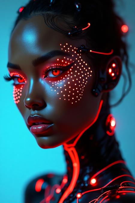 With striking clarity, a futuristic figure emerges, exuding a blend of human and robotic elements. The close-up portrait reveals a woman whose skin is adorned with intricate black dots and illuminated by vibrant red accents, creating a mesmerizing pattern that enhances her striking features. Her intense gaze, framed by elongated winged eyeliner and elegantly styled lashes, conveys an otherworldly presence, while her lips, subtly parted, evoke a sense of intrigue. The soft blue background contrasts with the fiery tones, highlighting the luminous details of her cybernetic design. This image radiates a captivating narrative of technology intertwined with beauty, inviting viewers to ponder the possibilities of a futuristic aesthetic.