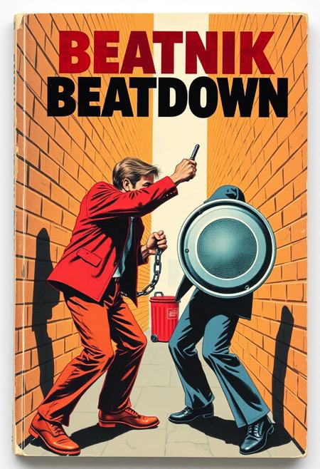Paperback book, "Beatnik Beatdown" a1950's softcover book featuring two beatniks fighting in an alleyway, one with a chain, the other using a trash-can lid as a shield,