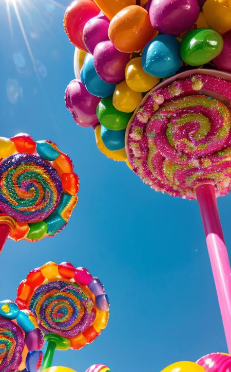 Paper mache representation of ((best quality)), ((masterpiece)), (detailed), 8K, dynamic scene of a sugar rush, vibrant candy explosion, colorful candies and sweets flying in the air, swirling lollipops, glistening gummy bears, sparkling sugar crystals, energetic motion, (playful atmosphere:1.4), vivid colors, (whimsical art style:1.2), wide-angle shot, bright, cheerful background . 3D, sculptural, textured, handmade, vibrant, fun