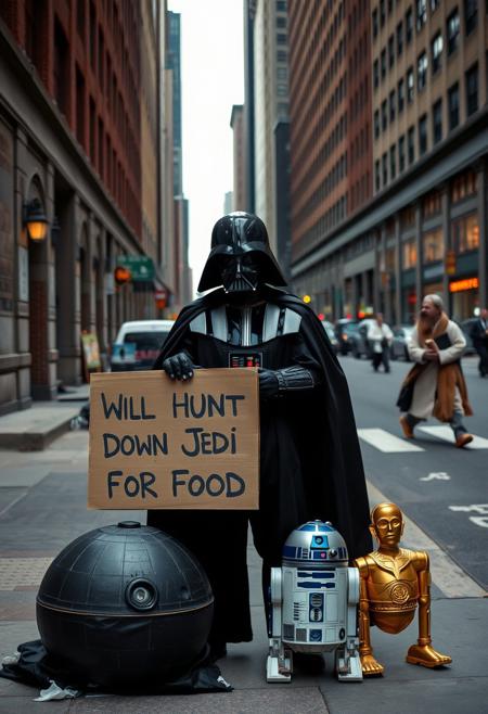 A high quality photo of a homeless Darth Vader standing in the streets of New York carrying a sign infront of him, the sign says ("Will Hunt Down Jedi For Food), next to him on the ground there is a death star shaped tent and two life sized dolls of the two robots R2D2 and C3PO, film grain, exremely realistic, far far in the background old bearded man Obi Wan Kenobi in Jedi Robes could be seen crossing the street while eating a hotdog sandwich in his hand unaware of the presence of Vader whose facing the viewer up close.