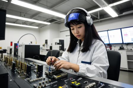 photo of a young, East Asian cybernetic engineer in her high-tech lab, surrounded by various android parts. She's in the foreground, soldering a circuit on an android's open panel. Her concentration is palpable, with a magnifying visor flipped down over her eyes, and the delicate tools in her hands expertly navigating the complex machinery. The lab is filled with technology, but she stands out, with the focused task lighting casting her in a halo of clarity against the busier, dimmer background
