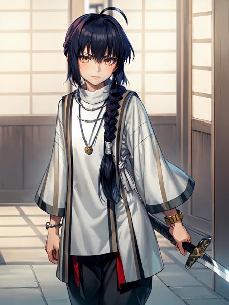 SaberTakeru SaberTakeru,sandals,bracelet,brown eyes,single braid, ponytail,black pants,short hair,pants,hair between eyes,japanese clothes,necklace,braid, ahoge,1boy,male focus,bangs,black hair,long hair,