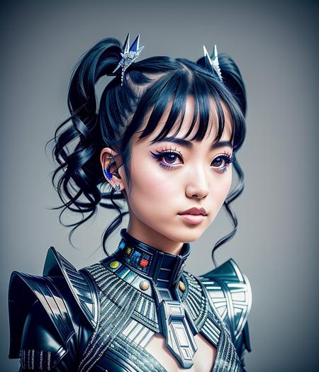 RAW photo, hyper real photo of moametal japanese woman with with twintails hair in black dress with iridescent reflections sequined outfit that glimmers in the light, futuristic gothic style, black lether and steel studs, space galaxy in background, metal rock music concert, heavy metal style, pixiv contest winner, precisionism, official art, high resolution, uhd image, best quality masterpiece, photorealistic, detailed, 8k, HDR, shallow depth of field, broad light, high contrast, dark background with ancient temple, old stone statues of fox god, backlighting, bloom, light sparkles, chromatic aberration, sharp focus, RAW color photo, film still, Film-like, bokeh, 3d, cinematic lighting, 8k resolution, Nikon 85mm, Award Winning, Glamour Photograph, extremely detailed, high quality, film grain  <lora:MoaMetal:1>