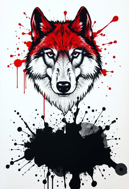 On a white background, a Wolf's head breaks through the background, the top half of the Wolf's head is red, the bottom half of the Wolf's head is black,
The top half of the background is a large splatter of blood, the bottom half of the background is a large splatter of ink