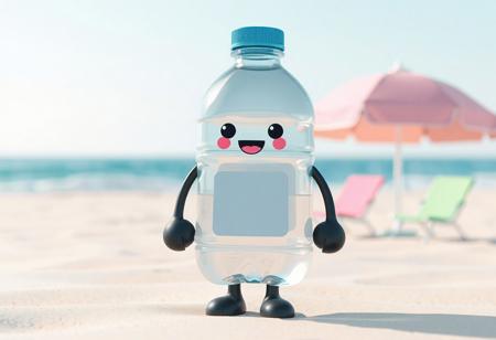 A cute, semi-melted plastic water bottle character standing on a soft pastel beach. The bottle is half-empty, with a clear, glossy texture and simple cartoonish eyes (tiny black dots), a droopy open mouth with its tongue sticking out from the heat. It has soft, black stick arms and legs ending in rounded blob-like hands and feet. The bottle’s label is warped and bubbly, featuring bright bubble-style Y2K fonts. The beach is stylized and minimal: smooth sand, soft waves, bright umbrella silhouettes. Rendered in 3D kawaii blob style, with soft shadows, matte reflections, and toy-like textures. The scene has a vaporplastic color palette: pastel pinks, sky blue, mint green, and glossy white. Slight lens blur and bloom effects enhance the toy-like feel.