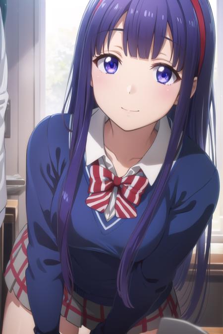 mikotoasuka, <lora:mikoto asuka s1-lora-nochekaiser:1>,
mikoto asuka, long hair, blue eyes, blue hair, hairband, red hairband, smile,
BREAK skirt, bow, school uniform, pleated skirt, bowtie, sweater, plaid, plaid skirt,
BREAK indoors, classroom,
BREAK looking at viewer,
BREAK <lyco:GoodHands-beta2:1>, (masterpiece:1.2), best quality, high resolution, unity 8k wallpaper, (illustration:0.8), (beautiful detailed eyes:1.6), extremely detailed face, perfect lighting, extremely detailed CG, (perfect hands, perfect anatomy),