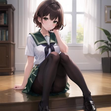 (masterpiece, best quality:1.2),illustration,8k,hd,1girl,solo,upper body,(portrait:1.2),white serafuku,uniform,black pantyhose,green sailor collar,green pleated skirt,shoes,short brown hair,<lora:Mutsuki(kan):0.8>,