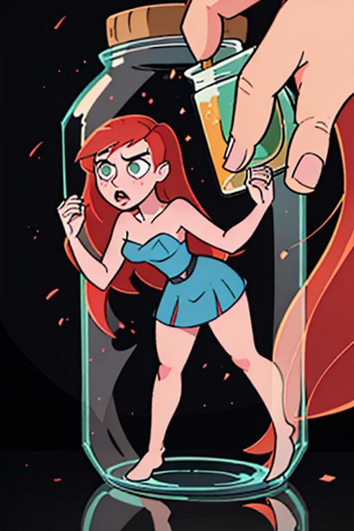 1girl, shrunken female Kim Possible as a Disney fairy dressed as Tinkerbell in a glass jar on a table.Wearing a strapless micro-miniskirt   long red hair. Her hands are pressing against the sides of the glass jar in an attempt to get out. (masterpiece, best quality, hyperrealistic, high resolution:1.2), extremely detailed, intricate details,Normal height people are looking at the jar. Image done in the style of the Kim Possible cartoon.