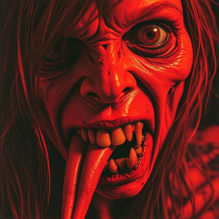 Dark art with closeup of a rotting zombie woman from the 70s-style pulp paintingsrolling her eyes while squirming and sticking out her long tounge in a erotic manner, The vibe is red and otherworldy. The zombie womans rotting face is haunting but happy. Duotone: Burnt orange and deep plum. Mood: Occult ritual meets 80's crinkled concert poster art style.