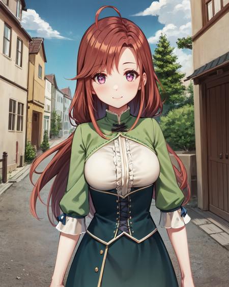 best quality, (masterpiece:1.2), illustration, absurdres, 
(1girl, solo, beautiful detailed girl),  (upper body, portrait),
<lora:FionaCraig:0.9>, Fiona Craig, long hair, red hair, low-tied long hair,, ahoge, purple eyes, medium breasts
green dress, ruffles,  corset, black pantyhose, brown boots,
(smile:0.8), looking at viewer,
medieval town alley, cobblestone street, sky, clouds, buildings, walking,