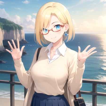 ((masterpiece)),(best quality),official art,extremely detailed CG,unity 8k wallpaper,ultra detailed,A lighthouse on a cliff by the sea,1girl,solo,upper body,looking at viewer,claudia madobe,smile,waving,blonde hair,short hair,blue eyes,glasses,semi-rimless eyewear,red-framed eyewear,jewelry,earrings,large breasts,sweater,shirt under sweater,collared shirt,white shirt,blue skirt,pleated skirt,brown boots,<lora:Claudia Madobe(win):0.8>,