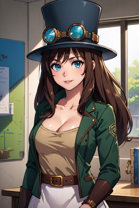 masterpiece, best quality, <lora:steampunker-nvwls-v1-000009:0.9> stpunker, top hat, goggles on headwear, cleavage, green jacket, brown shirt, belt, white skirt, looking at viewer, smile, steampunk, indoors, upper body