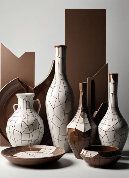 set of dishes, vases, still life, brown and white, cracks, mold, dvr-shrp, 8k, F2.8, RAW Photo, ultra detailed  <lora:dvr-shrp:1>