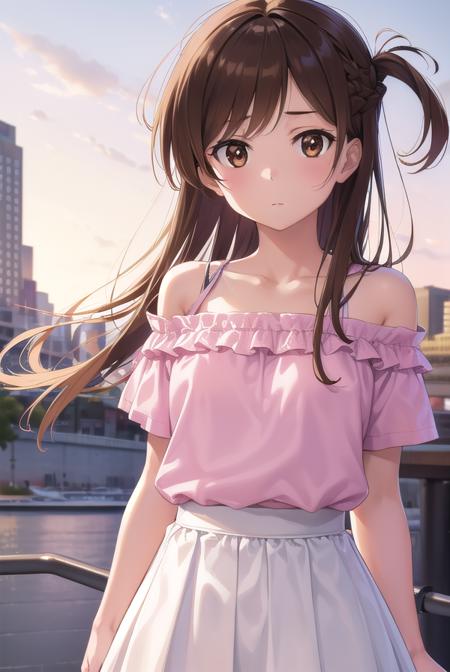 mizuharachizuru, <lora:mizuharachizuru-lora-nochekaiser:1>, 
mizuhara chizuru, long hair, brown hair, (brown eyes:1.7), (one side up:1.5), bangs, braid, hair braid,
BREAK bare shoulders, collarbone, pink shirt, puffy short sleeves, puffy sleeves, red bow, shirt, short sleeves, skirt, white skirt,
BREAK outdoors, city,
BREAK looking at viewer, (cowboy shot:1.5),
BREAK <lyco:GoodHands-beta2:1>, (masterpiece:1.2), best quality, high resolution, unity 8k wallpaper, (illustration:0.8), (beautiful detailed eyes:1.6), extremely detailed face, perfect lighting, extremely detailed CG, (perfect hands, perfect anatomy),