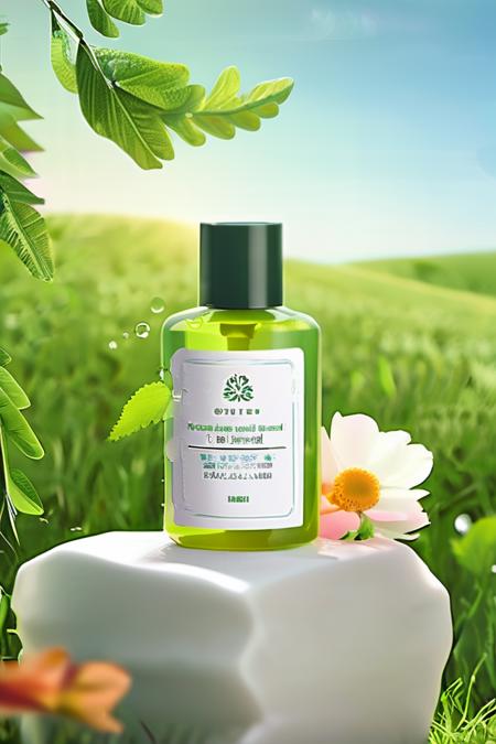 a bottle of soap sitting on top of a lush green field of grass next to a tree branch with leaves,flowers,productscene <lora:productscene:1>