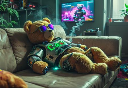 A child's sci-fi cyberpunk robot teddybear is slumped on a couch watching the TV. The teddybear is wearing sunglasses and smoking a join. On the TV is the 420 channel. The room has a sci-fi cyberpunk aesthetic. The image has a colorful cyberpunk scifi aesthetic. Award winning photography in the style of National Geographic.