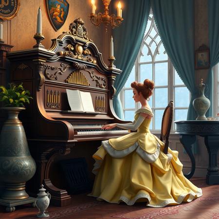 Princess Belle seated at the organ playing organ at home, masterpiece, best quality, digital painting, HDR, Pixar style Painting, extremely detailed 8K, high resolution, ultra quality,